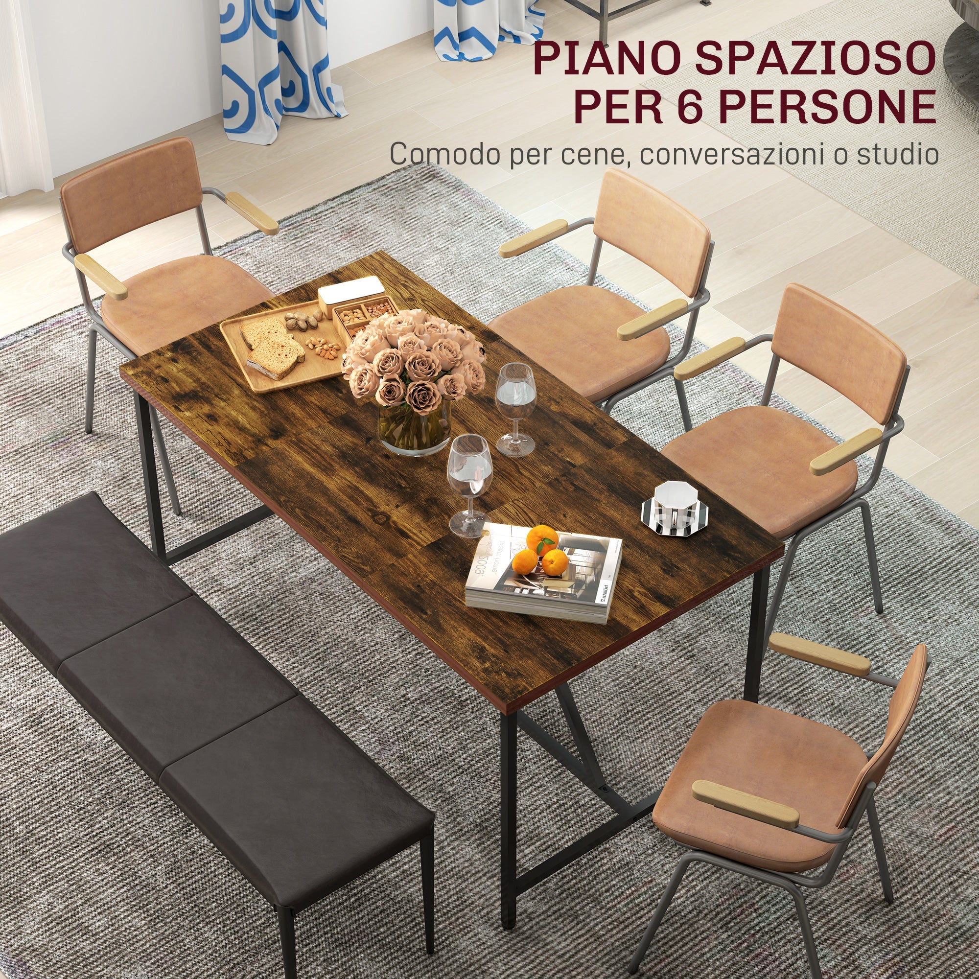 Tavolo da Pranzo Stile Industriale per 6 Persone 150x80x75 cm in Legno e Acciaio
