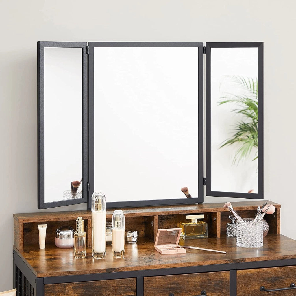 Toeletta industriale rustica con specchio tri-fold e sgabello in ecopelle RVT004B01