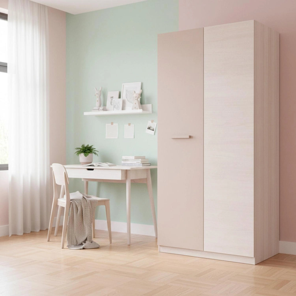 Armadio Guardaroba 2 Ante Battenti Con 3 Scomparti E Barra Appendiabiti Design Moderno Per Camera Da Letto Cameretta 90 X 200 X 52 Cm Beige E Rovere