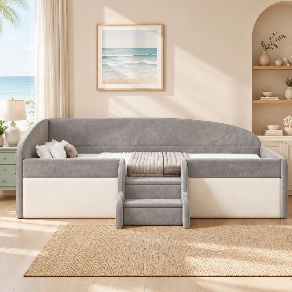 Letto imbottito per bambini 90 x 190 cm con gradini e sponde; velluto grigio