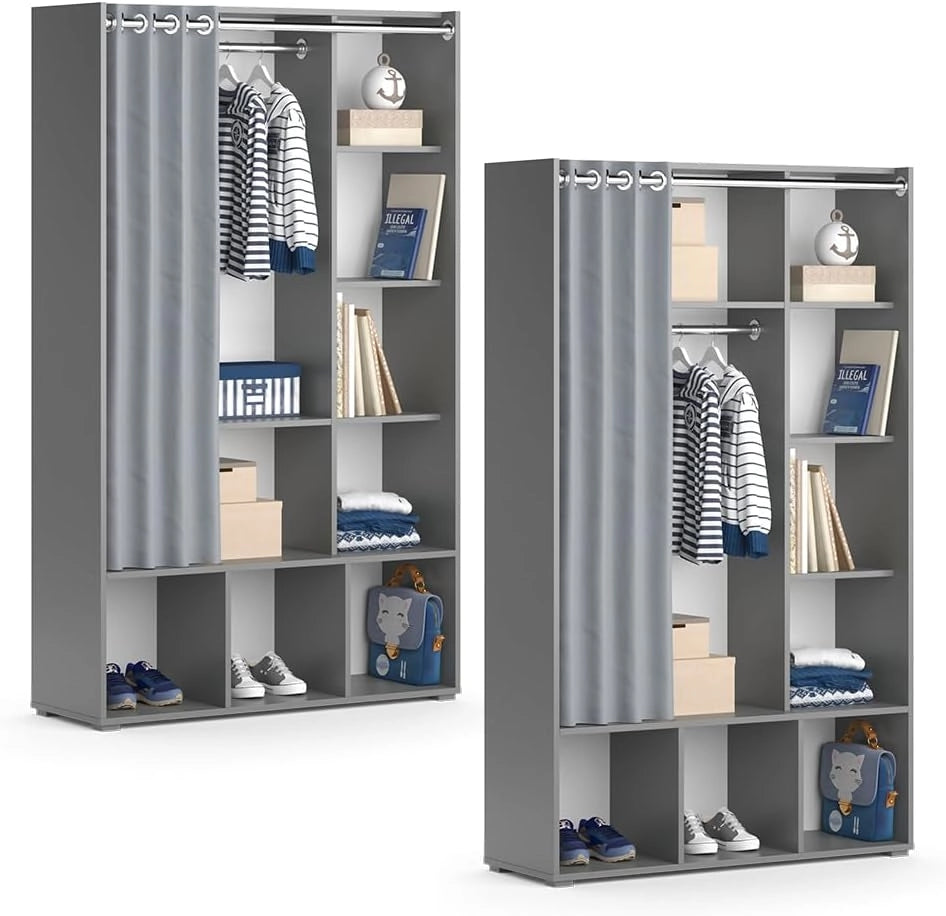 Guardaroba per bambini Luigi, Grigio, 105.8 x 178.1 cm con appendiabiti a tenda, combinabile con altri mobili della serie Luigi