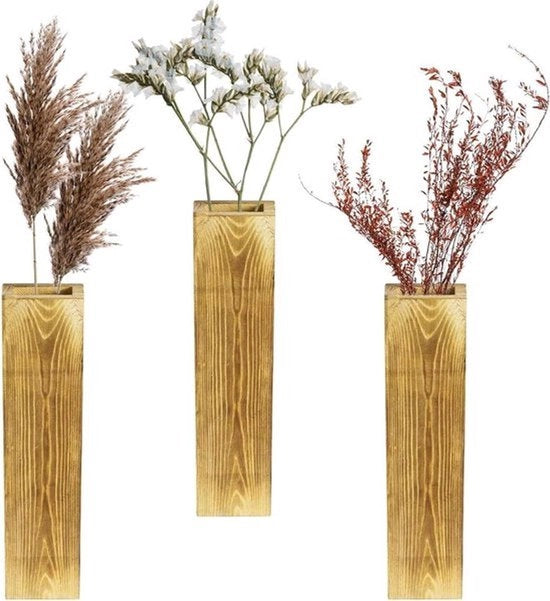 Decorazione per parete in legno - set da 3 - decorazione per camera da letto e bagno con fiori secchi e piante artificiali in verde
