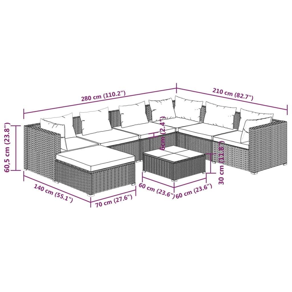 Set di mobili da giardino set da esterno 8 pz con cuscini poly rattan marrone 02_0017712