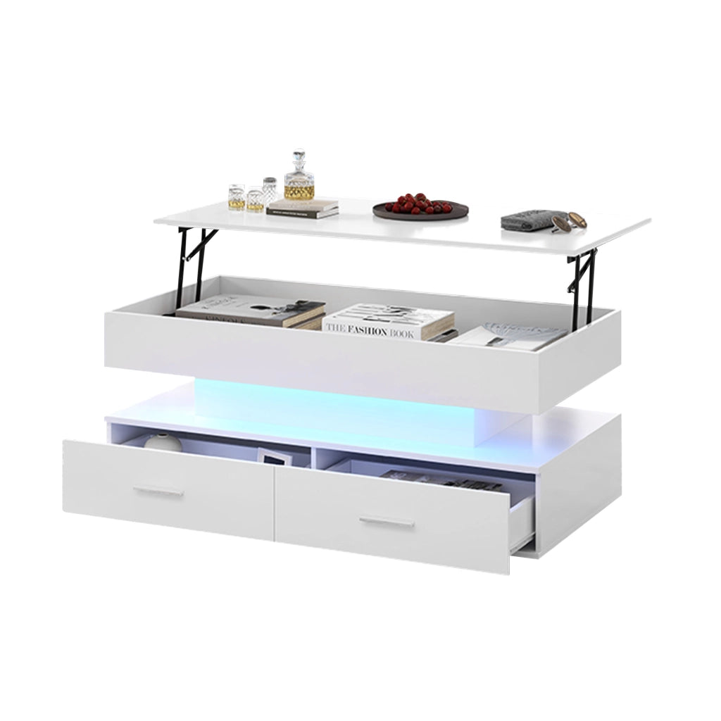 TAVOLINO DA SALOTTO 100x50x44 cm sollevabile idraulico Bianco con LED