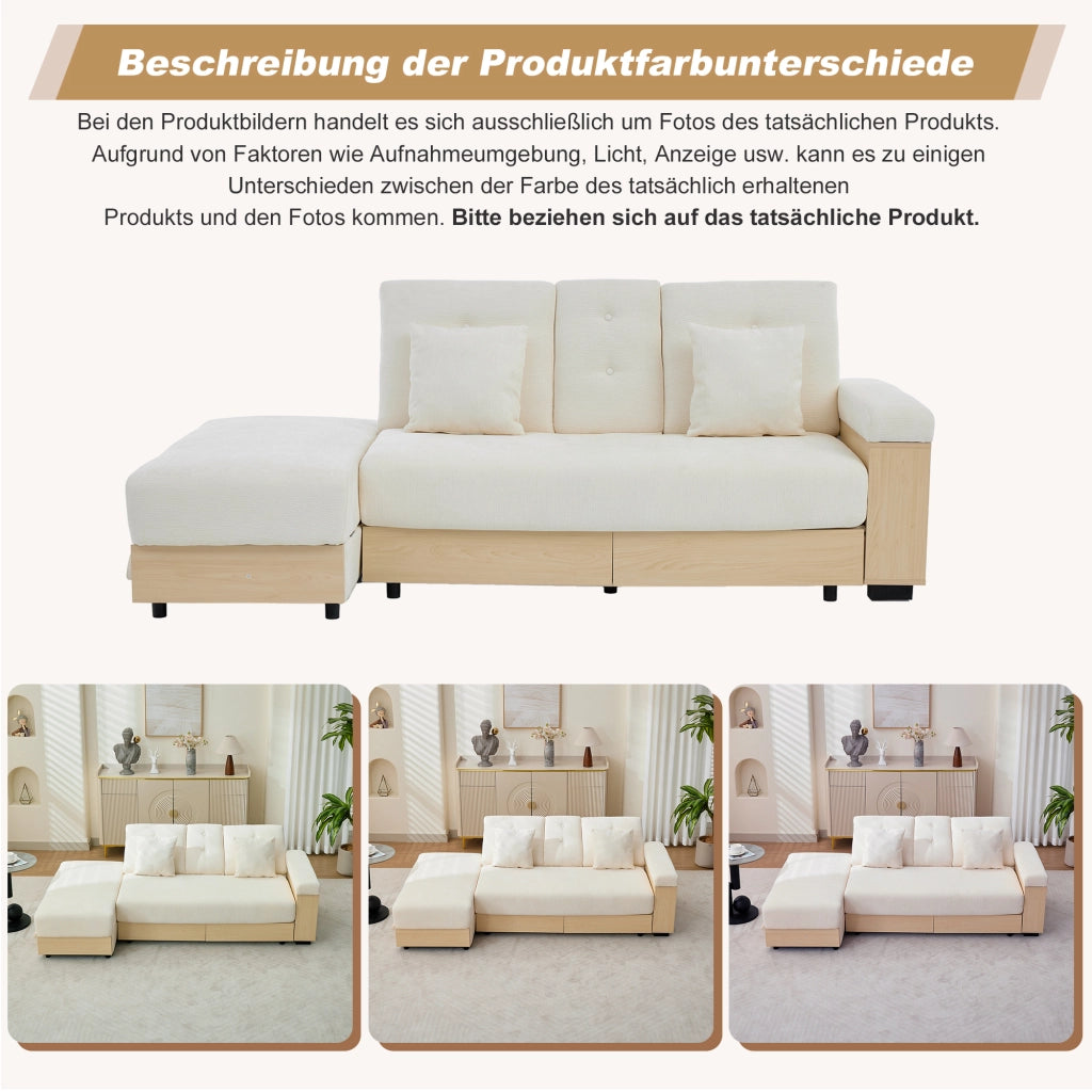 Divano letto con schienale reclinabile, spazio contenitore e portabicchieri, in chenille beige 217 × 110 × 90 cm