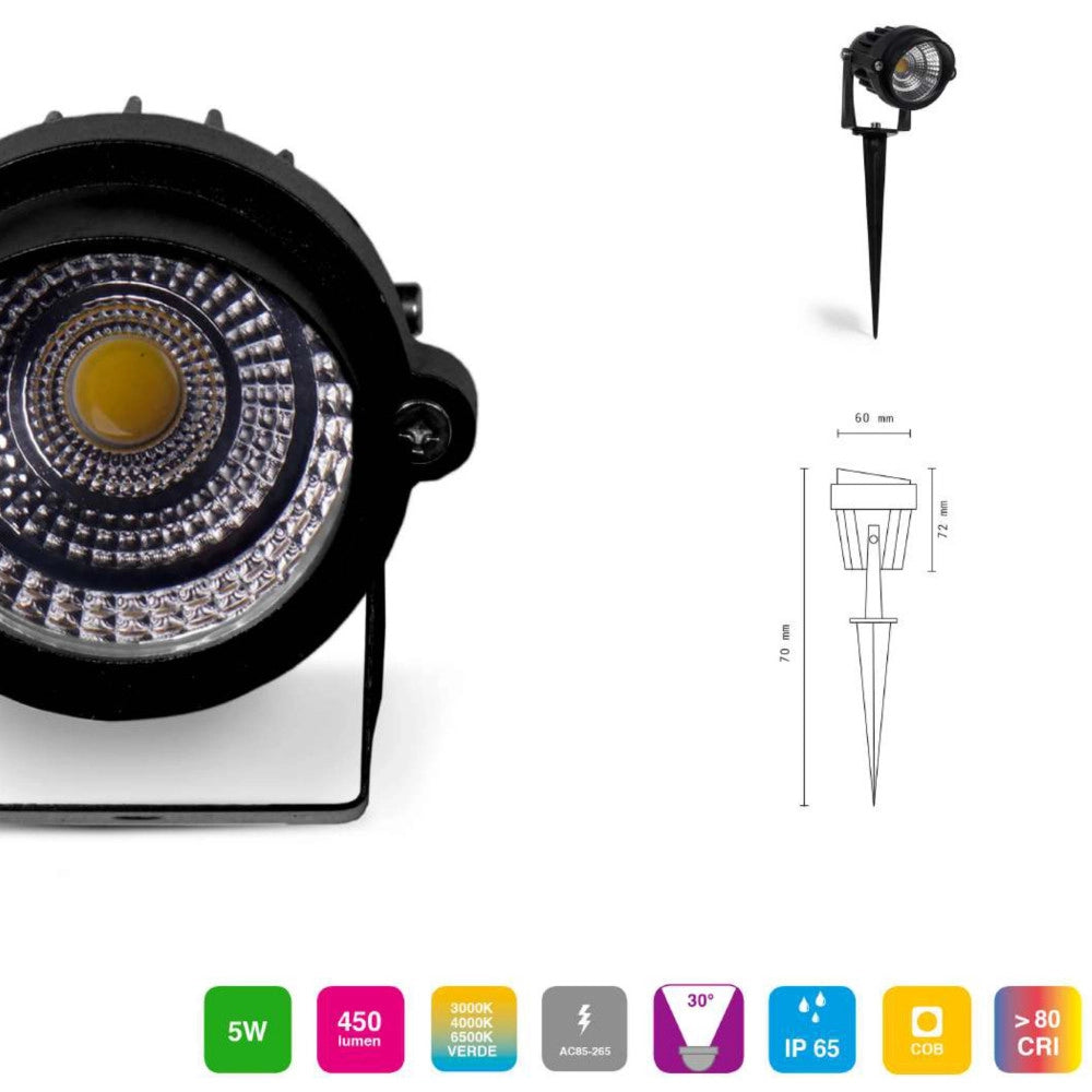 Trade Shop - Faretto Faro Cob Led Da Giardino 5w Watt Supporto Picchetto Luce Verde Ip 65 -