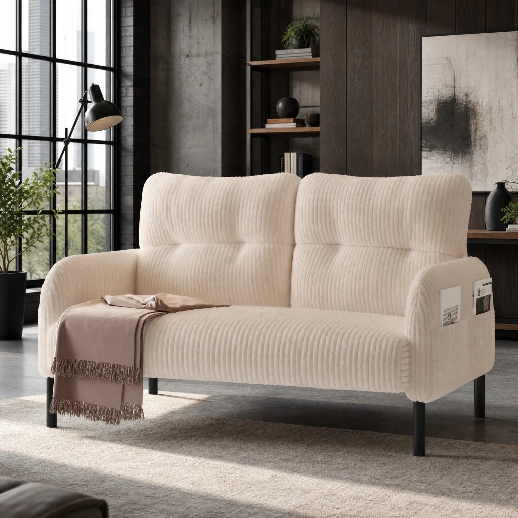 Divano 2 Posti con Schienale Ergonomico e Tasca Laterale, in Velluto a Coste Beige 120 × 75 × 79 cm