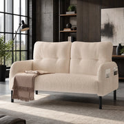 Divano 2 Posti con Schienale Ergonomico e Tasca Laterale, in Velluto a Coste Beige 120 × 75 × 79 cm