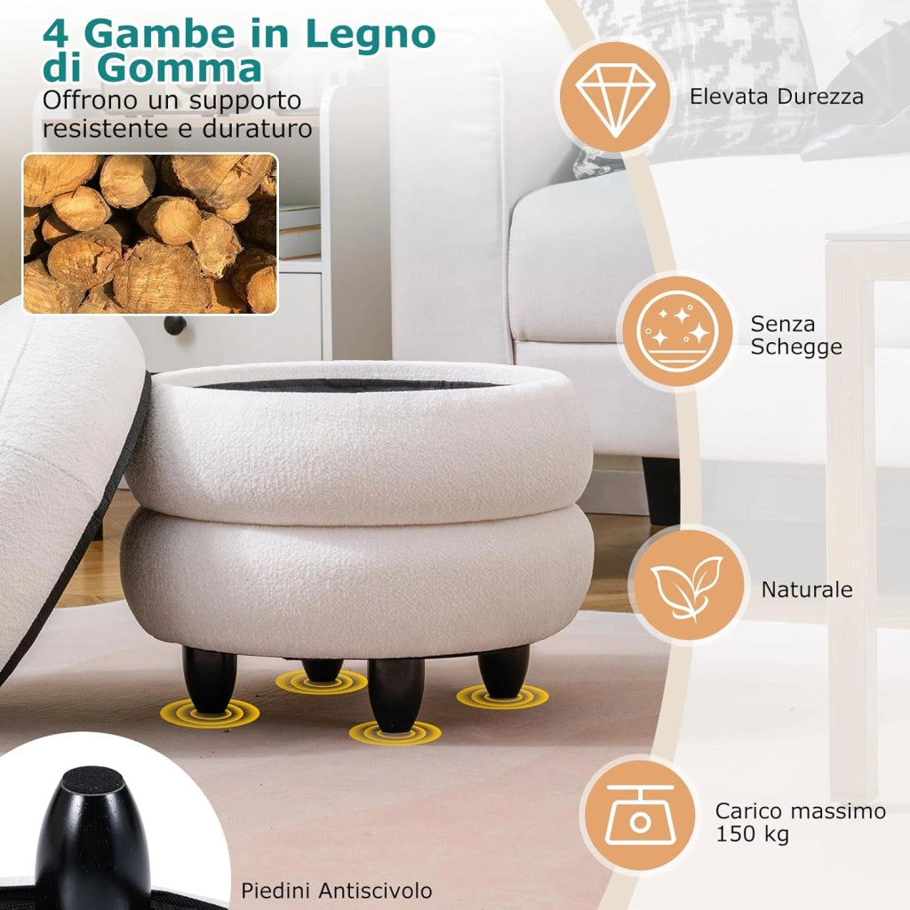 Pouf Contenitore Rotondo 20 L, Ottomano con Coperchio Rimovibile, Sgabello da Trucco con Gambe in Legno di Gomma, Portata 150 kg, per Camera da Letto e Salotto