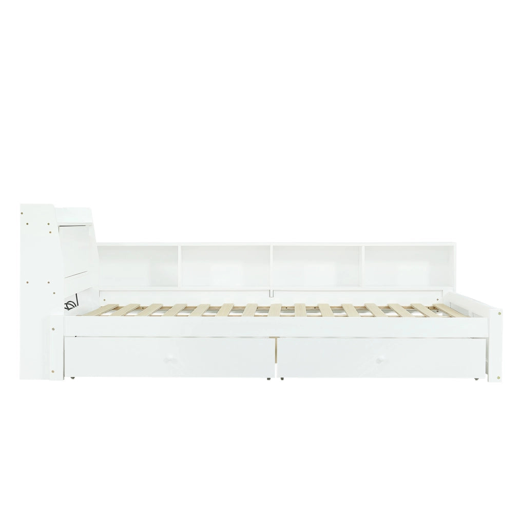 Letto matrimoniale 140x200 cm bianco con contenitore, luci e presa di ricarica