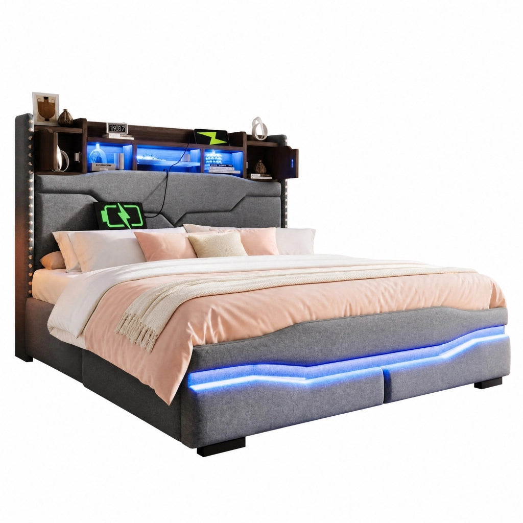 Letto matrimoniale 140x200 cm in lino grigio con contenitore idraulico; LED e prese USB/Type-C