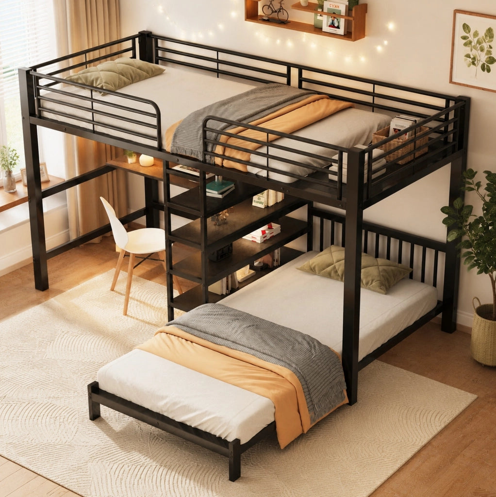 Letto a soppalco con scrivania, ripiani e prese USB, nero 90 x 200 cm