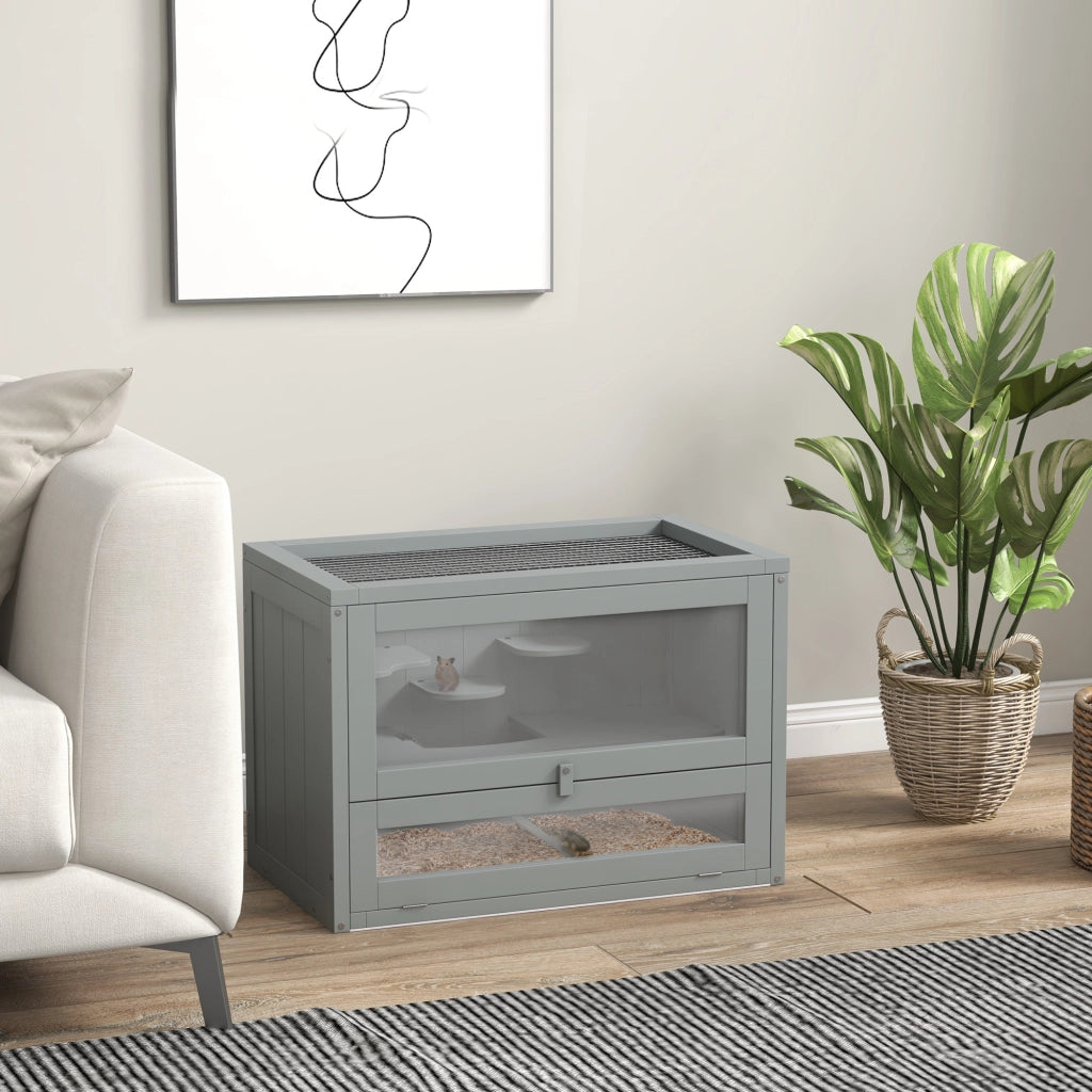 Gabbia per Criceti in Legno a 2 Livelli con Scale e Piattaforme 60x35x42 cm Grigio ¨C zephmum