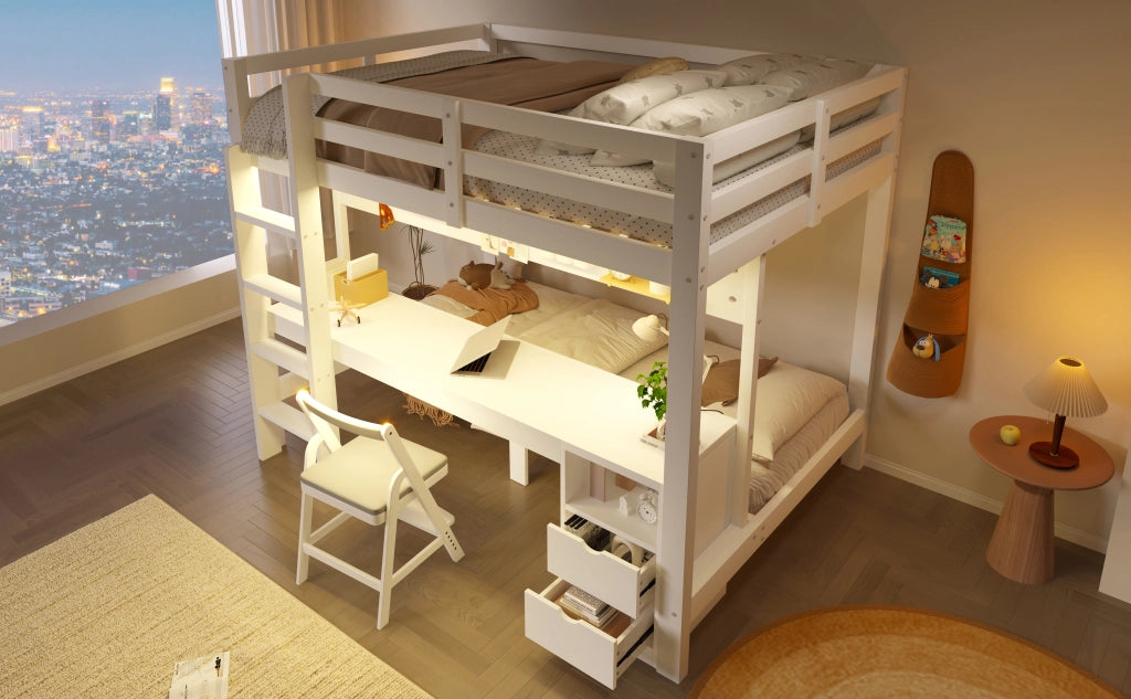 LETTO a castello con scrivania e cassetti 140x200/90x200 cm Legno di pino Bianco