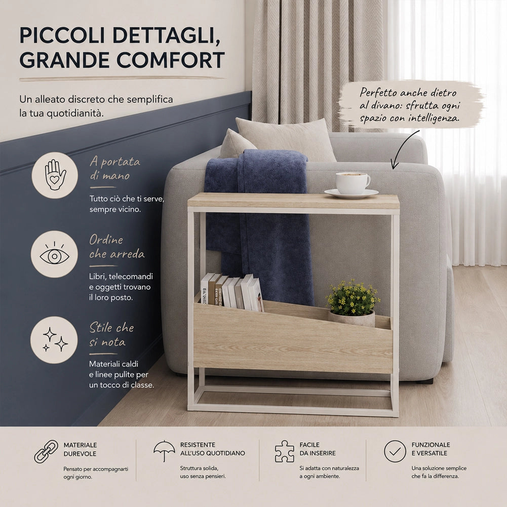 Tavolino Laterale Divano con 2 Ripiani Tavolo Multiuso Bianco e Beige 60x22x62cm