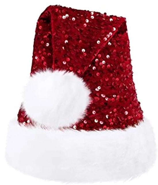 Cappello di Natale per adulti, Babbo Natale, cappello con pailletti di glitter e bordo di pelo, adatto come top per albero di Natale, festa di Natale festosa, albero di Natale, rosso