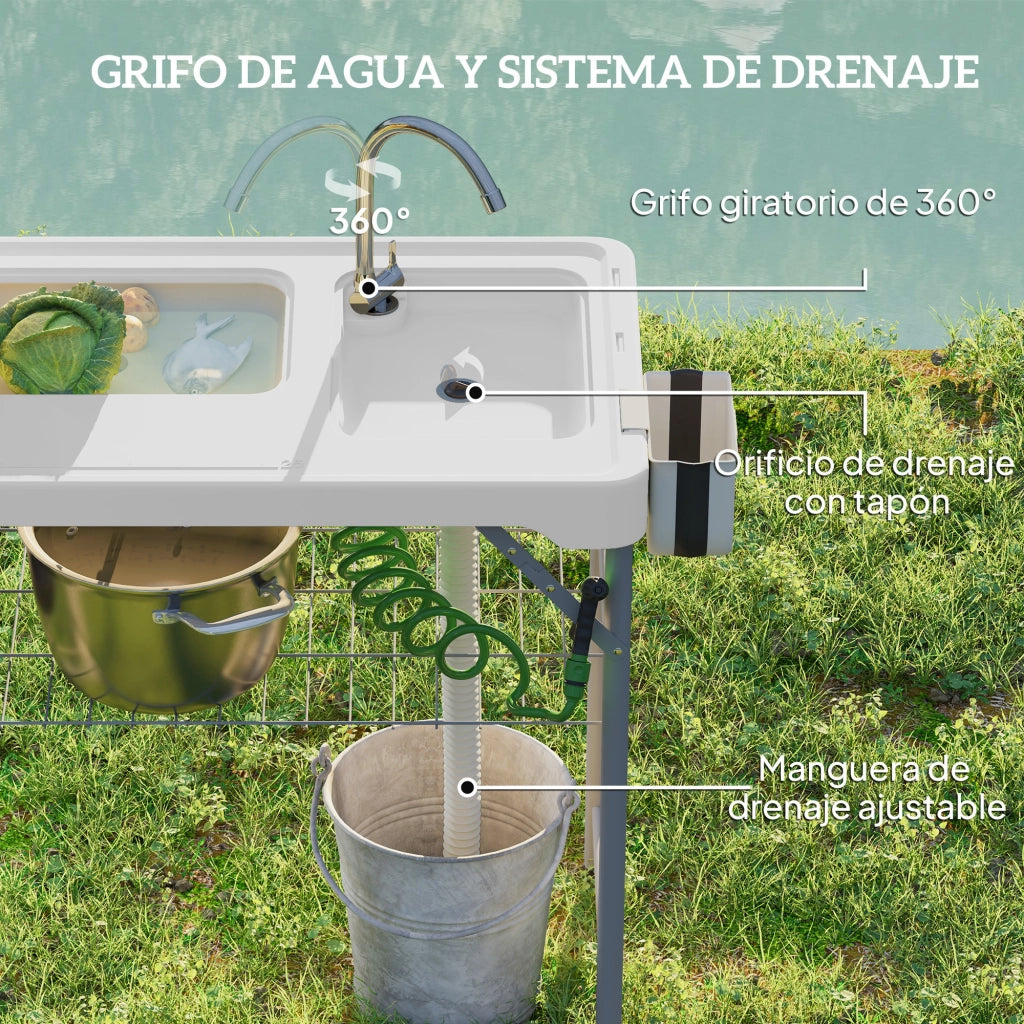 Tavolo Pieghevole per Esterno con Lavello e Rubinetto ¨C Zephmum ¨C Bianco 120x60x80 cm