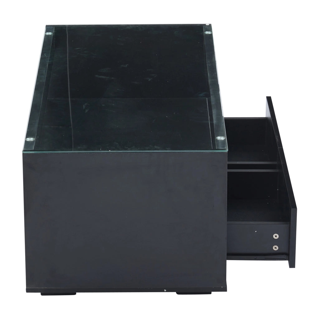 Tavolino da caffè 100x50x40 cm; con LED e 2 cassetti; piano in vetro temperato; truciolare; nero