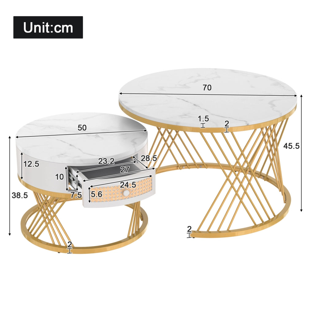 Set 2 tavolini rotondi 70 cm bianco in MDF con cassetto e struttura metallica