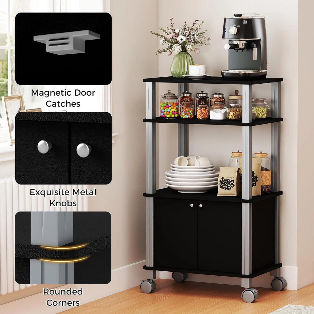 Carrello da Cucina a 3 Livelli per Microonde, Carrello Portaoggetti con Ruote e Armadio con Porta, Carrello di Servizio in Legno, Organizer per Sala da Pranzo, 60 x 40 x 98 cm (Nero)