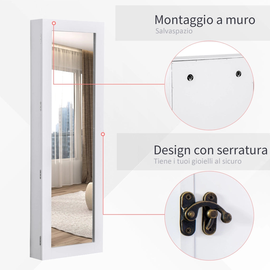 Specchiera Armadio Portagioielli da Parete in Legno MDF Bianco 37x9.5x112 cm