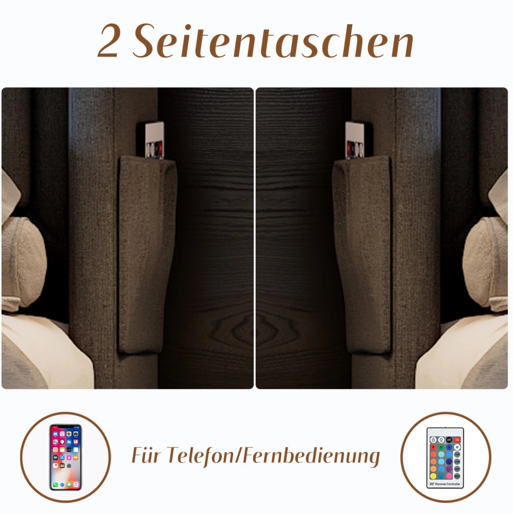Letto matrimoniale 180x200 cm con LED; USB-C e 4 cassetti in cotone-lino grigio