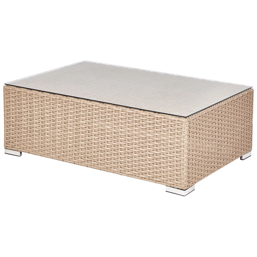 Set da giardino 8 posti in rattan color sabbia lato destro con cuscini beige Divano ad angolo Poltrona Tavolino da caffè
