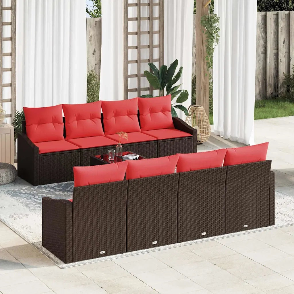 Set di divani 9 pz 3-Numero di posti Marrone e Rosso polyrattan 3346654