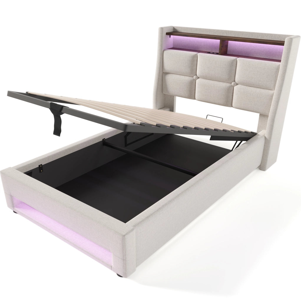 Letto imbottito 90x200 cm con LED e USB; lino beige (Senza materasso)