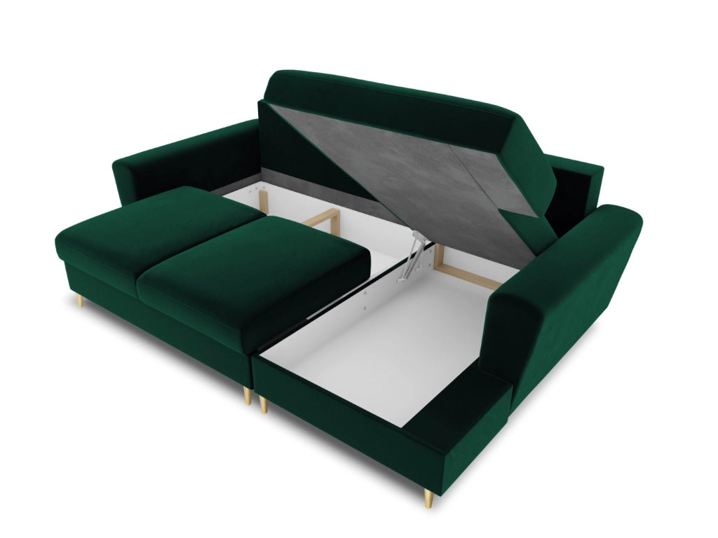 Cosmopolitan Design - Divano convertibile angolare destro con contenitore "Kyoto" 4 posti in velluto verde bottiglia 