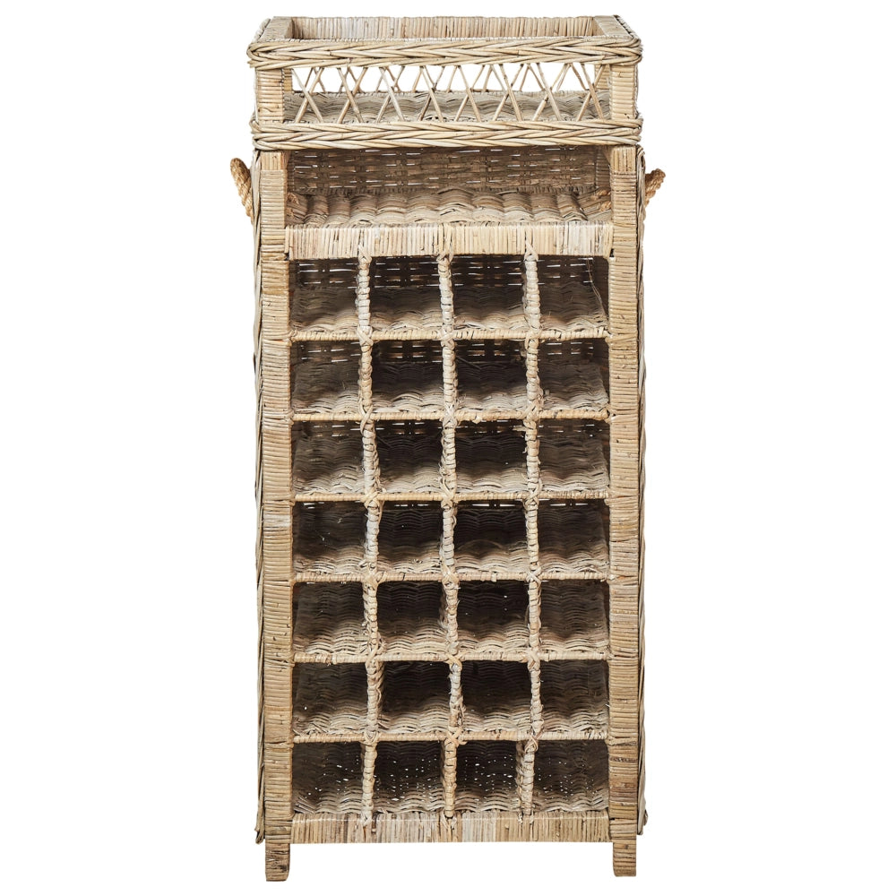 Portabottiglie in rattan naturale metallo e legno con manico in corda fatto a mano per 28 bottiglie 51 x 112 cm feste in casa