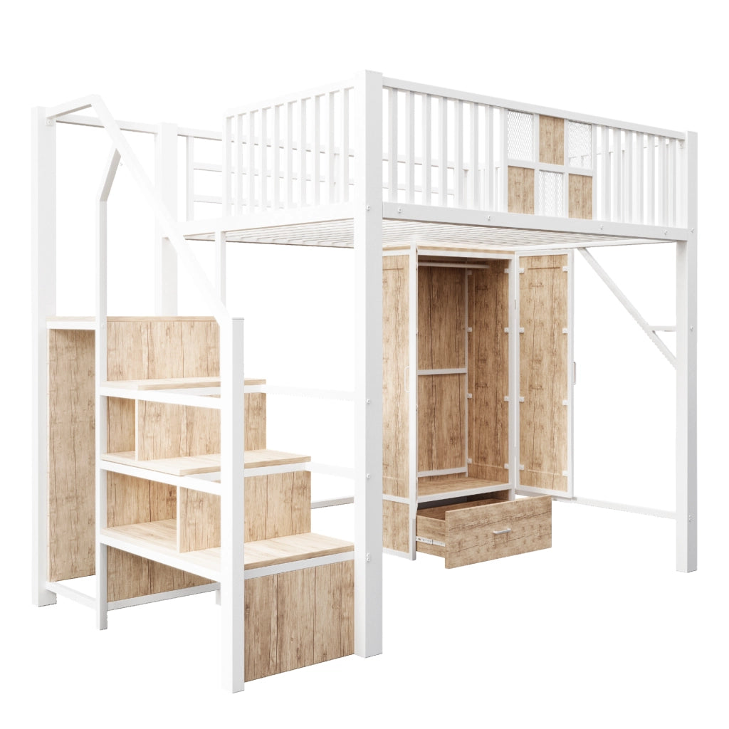 Letto a soppalco in metallo e legno con armadio, cassetti e scala contenitore, bianco, 140 x 200 cm