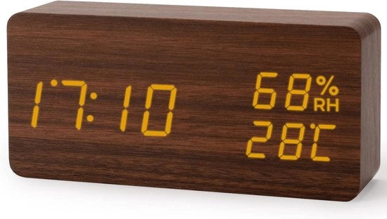 Alarme Digitale con Display e Temperatura - 3 Livelli di Brillantezza - Attivabile con Tocco o Suono - in Legno