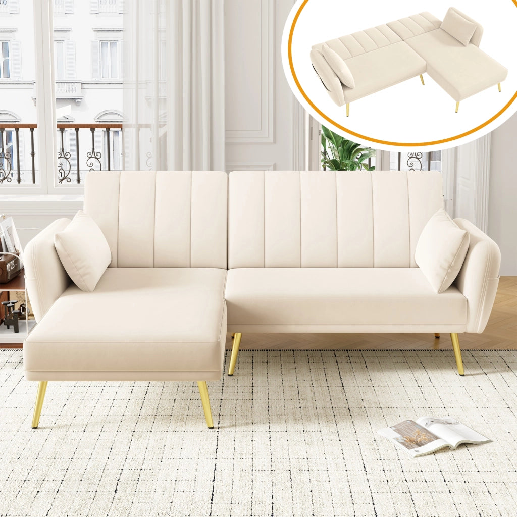 DIVANO LETTO angolare 191,5x130,5 cm in velluto beige con chaise longue reversibile