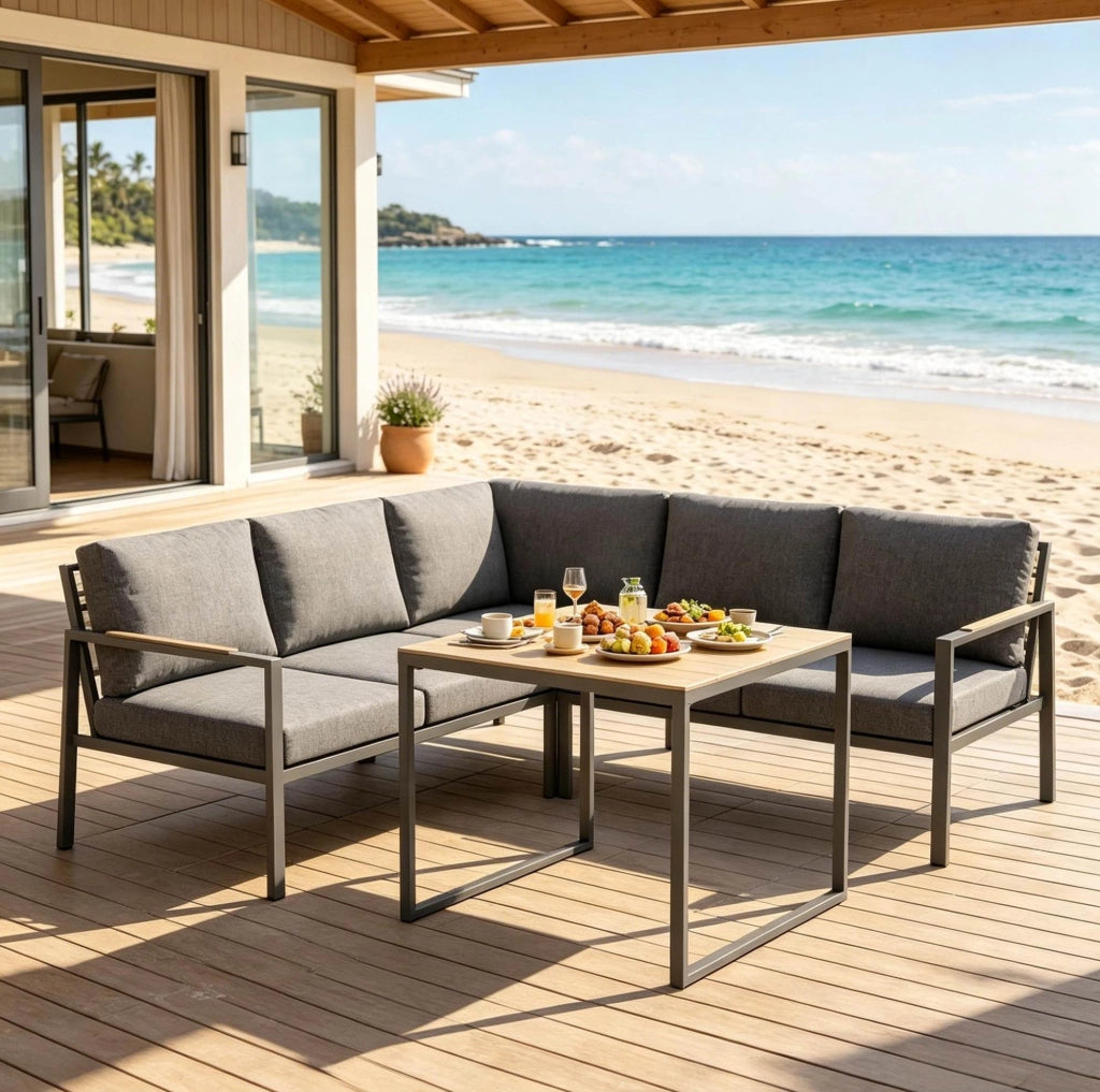 Set lounge da giardino angolare L 5 posti 183x183 cm in metallo e tessuto grigio scuro