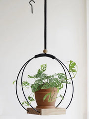 Porta Piante a Maglia Macramè con Base in Legno - Sostegno da Appendere per Piante da Interno - Nero