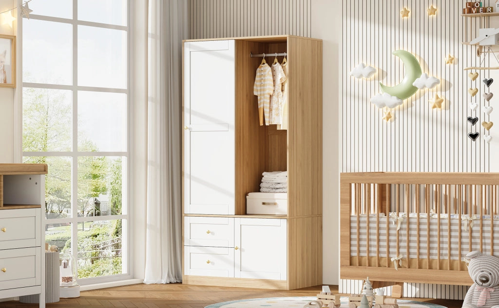 Set armadio e fasciatoio per bambino, con ante scorrevoli, ripiani, cassetti e struttura in MDF bianco effetto legno