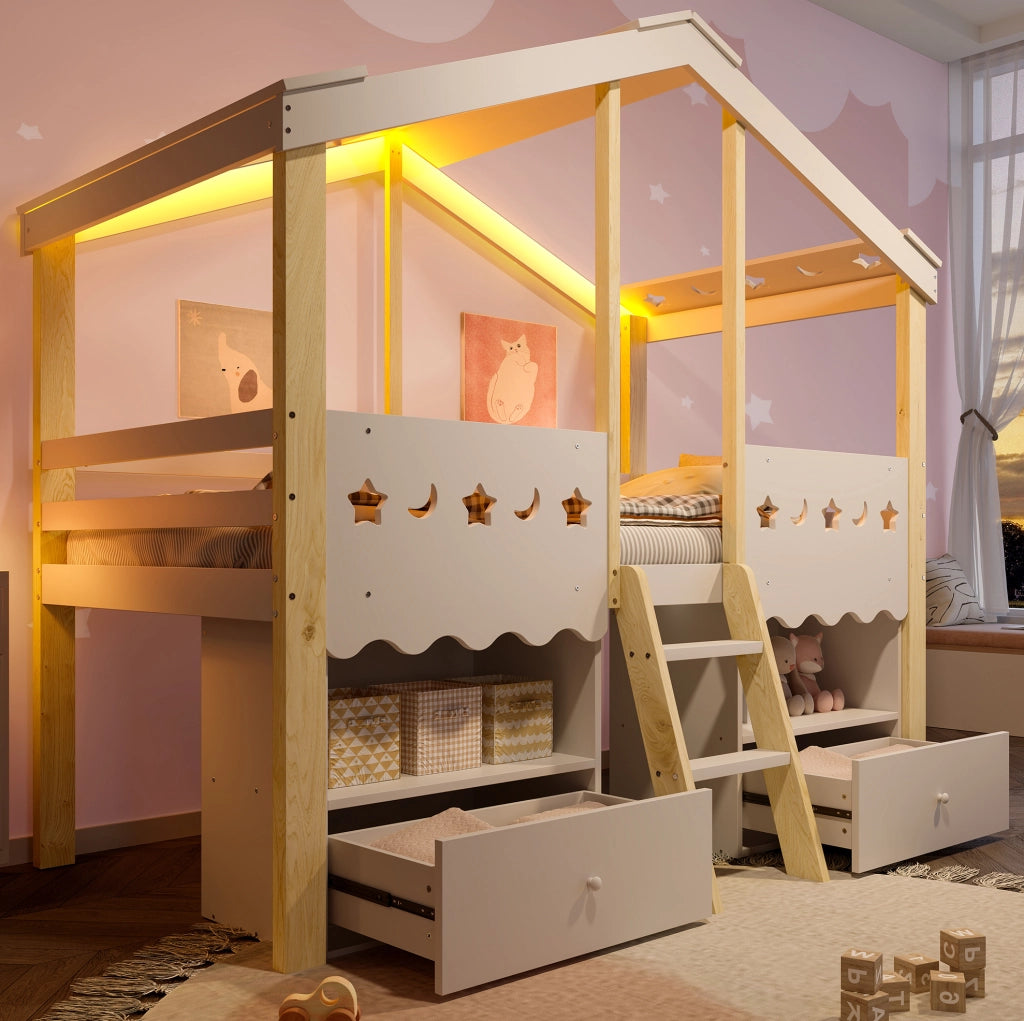 Letto semialto in forma di casa con LED e cassetti, 90 x 200 cm