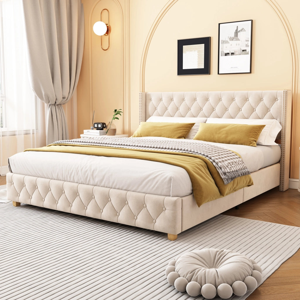 Letto Matrimoniale 160×200 cm; Letto Imbottito in Velluto con Testiera Trapuntata e Borchie; senza Materasso; Beige Chiaro