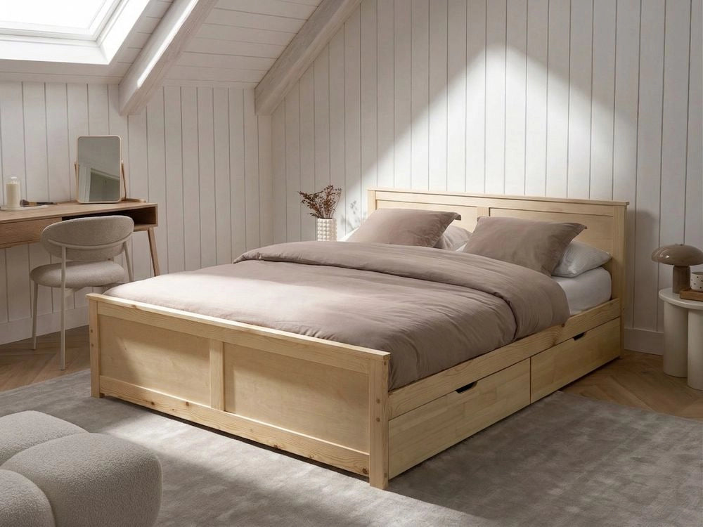 Letto con 4 cassetti in legno di pino naturale e MDF di betulla 160 x 200 cm con testiera in stile scandinavo