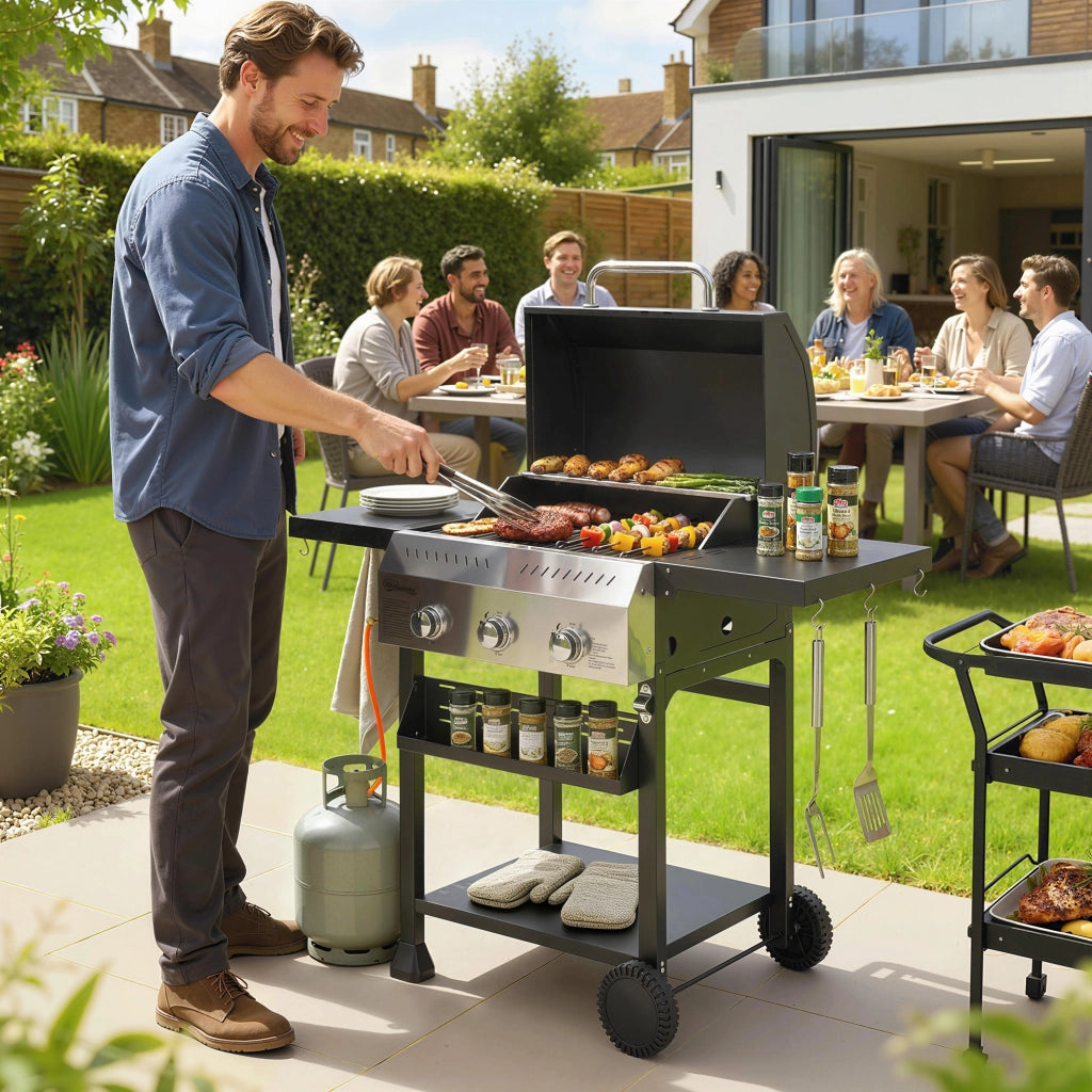 Barbecue a gas 9 kW 3 bruciatori ¨C Minimal ¨C grigio acciaio inox con tavolino laterale