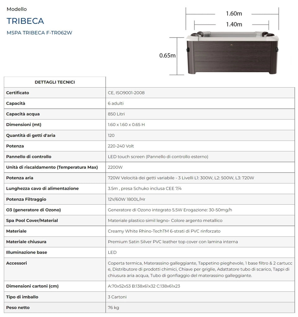 MSpa Spa rigida fuori terra quadrata Tribeca F-TR062W - Tempo Style 1.6m x 1.6m x 0.65mH