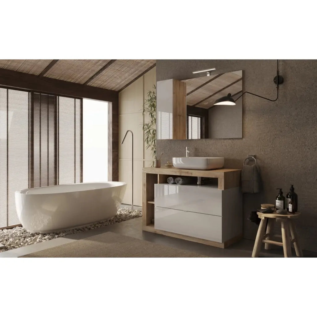 Mobile da bagno con un lavabo e 2 cassetti, collezione BURA. Colori bianco lucido e rovere chiaro.