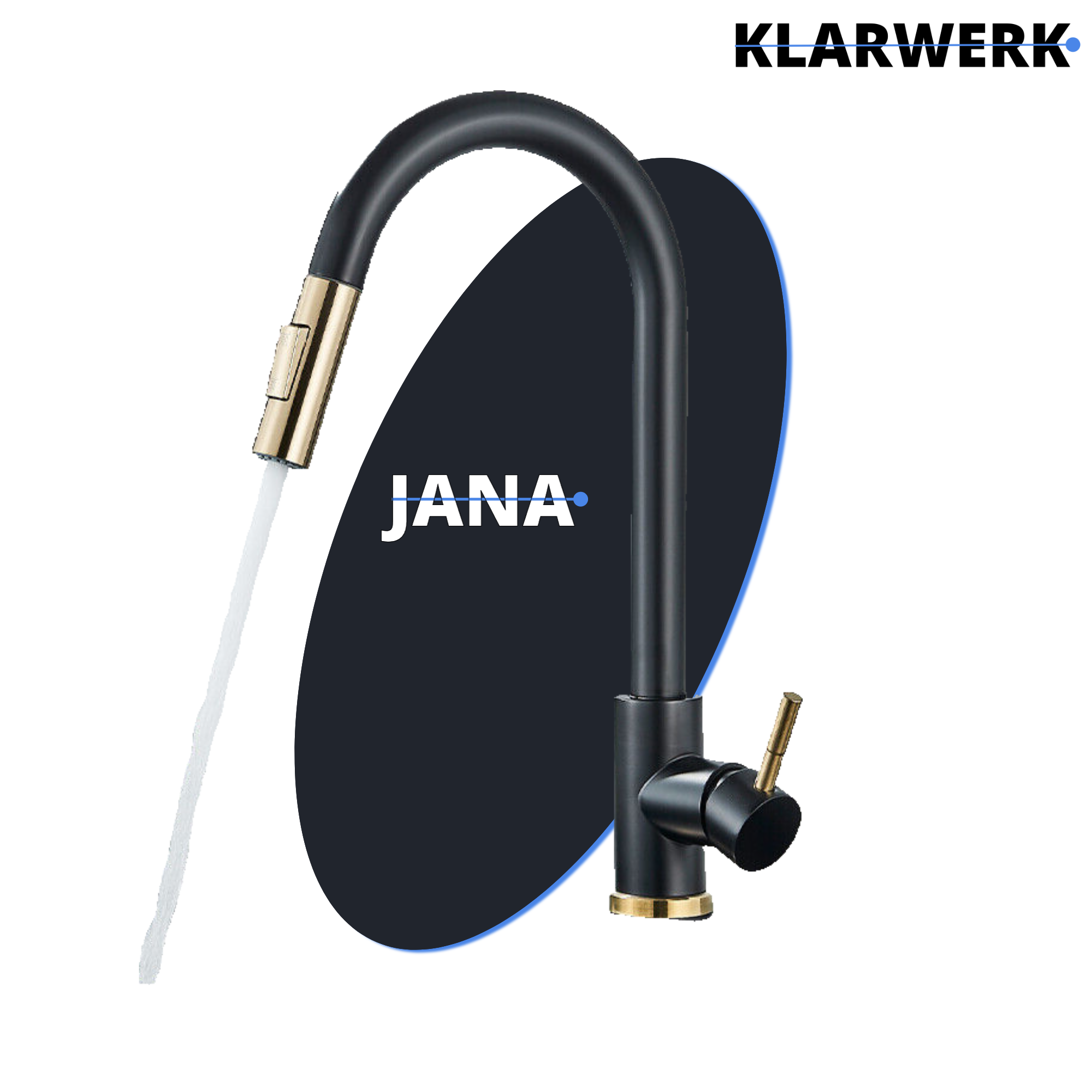 JANA | Rubinetto da cucina estensibile Premium in acciaio inossidabile oro nero | Miscelatore alto Bogo alta pressione ruotabile a 360° 2 attacchi