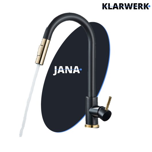 JANA | Rubinetto da cucina estensibile Premium in acciaio inossidabile oro nero | Miscelatore alto Bogo alta pressione ruotabile a 360° 2 attacchi