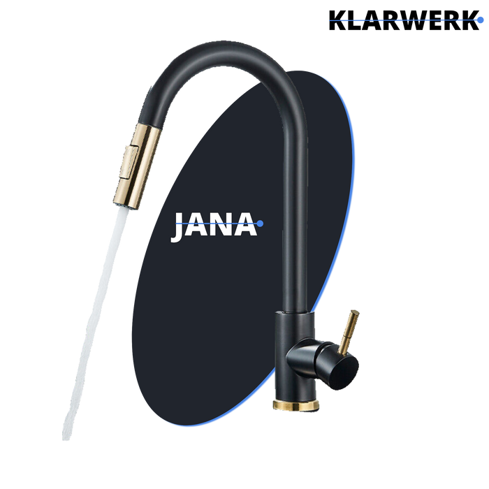 JANA | Rubinetto da cucina estensibile Premium in acciaio inossidabile oro nero | Miscelatore alto Bogo alta pressione ruotabile a 360° 2 attacchi