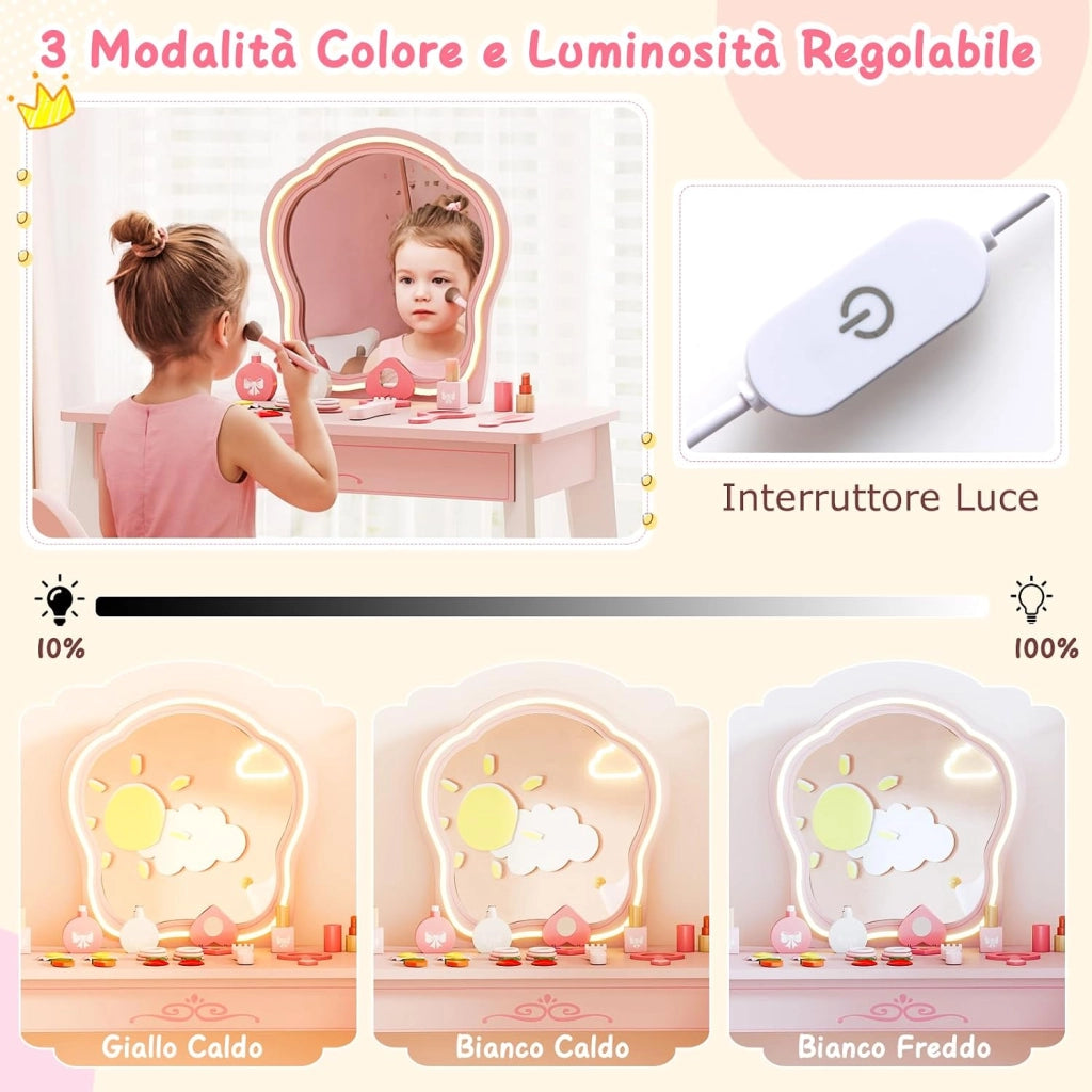Set Toeletta per Bambini con Specchio Illuminato a LED | Tavolo per Manicure con Poltrona Girevole e Carrello con Ruote, Postazione Trucco con Asciugacapelli e Pettine per Bambini 3+