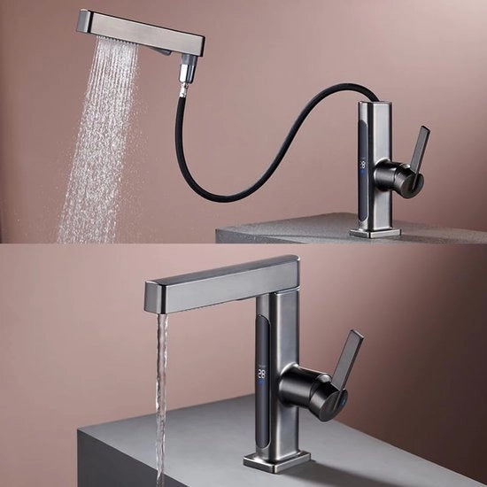 Faucetta per bagno con rubinetto da cucina, alta rubinetto da cucina con doccia estensibile, visualizzazione temperatura LED, rotazione 360°, 2 getti d'acqua, rubinetto a comando unico per bagno, colore grigio.