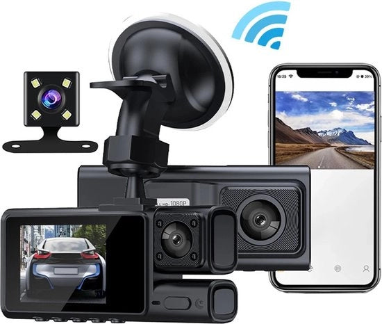 Dashcam 2K con Wi-Fi e Bluetooth - Cassetta posteriore con rilevamento movimento - Assistente vocale - Visione notturna - Rilevamento incidenti - Sensore di sorveglianza parcheggio