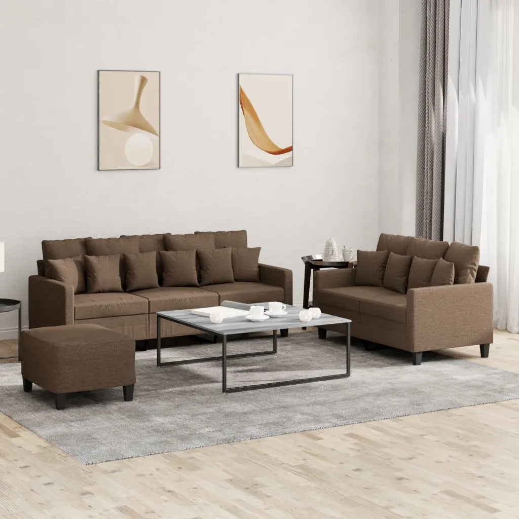 Set di Divani 3 pz con Cuscini Marrone in Tessuto